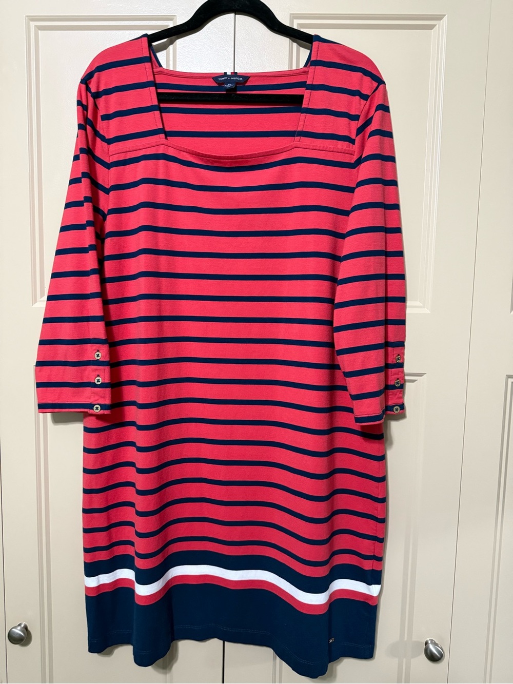 Tommy Hilfiger Coral Red and Navy Striped Midi Dress